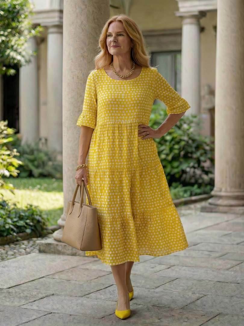 Arlo Polka Dot Tiered Midi Dress Short Sleeve - Elena Harper