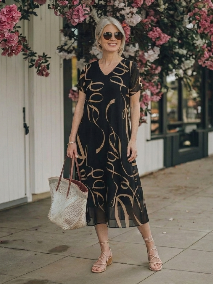 Adria Short Sleeve Abstract Midi Dress - Elena Harper