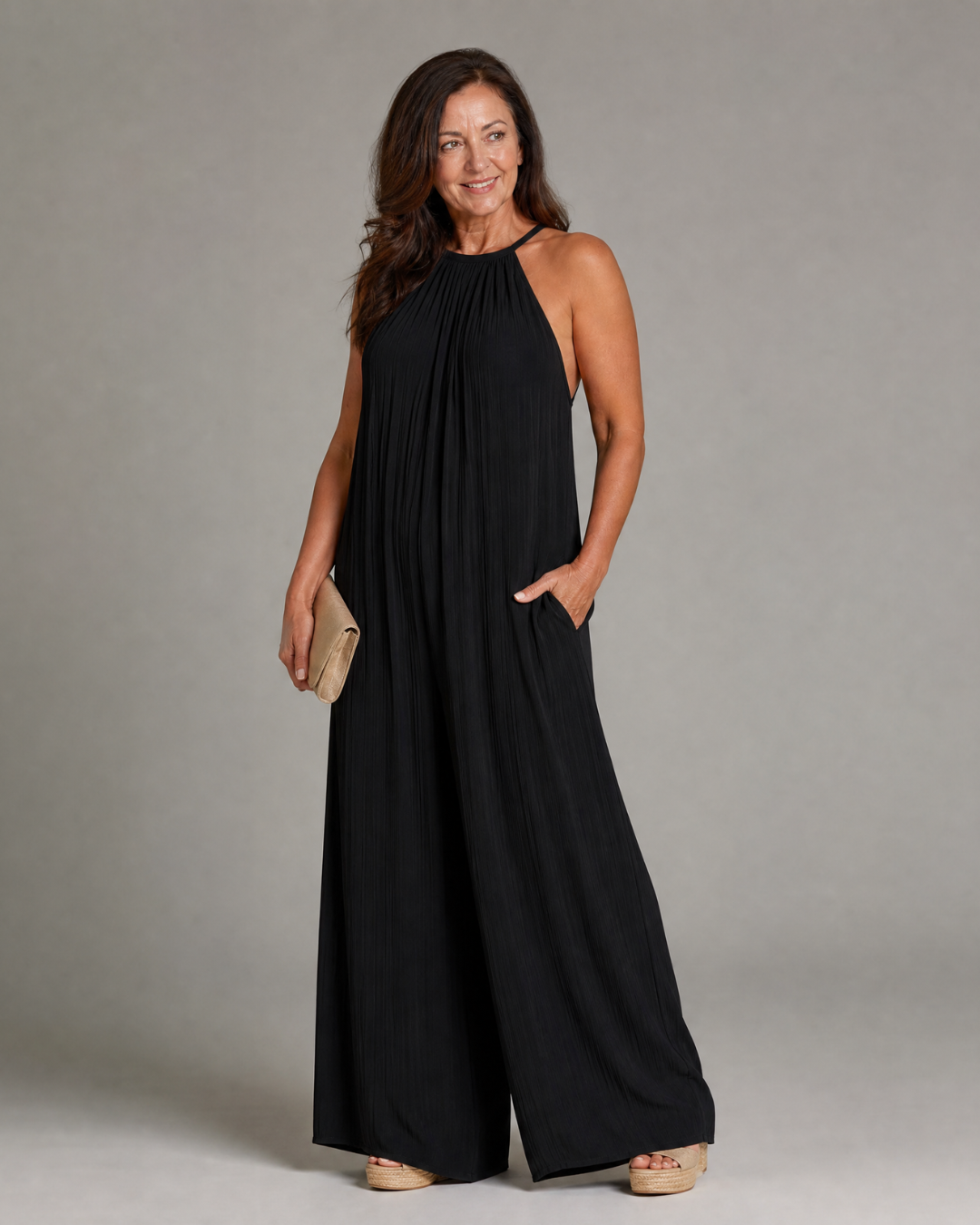 Sylvara Pleated Halter Neck Wide Leg Relaxed Jumpsuit - Elena Harper