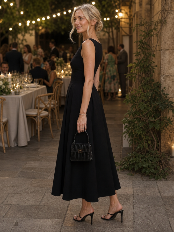 Corane Sleeveless Crew Neck Fitted Bodice Midi Dress - Elena Harper