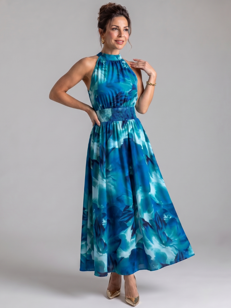 Women's Midi Dress with Abstract Print and Gathered Waist Flowing and Elegant, view 5 - Elena Harper