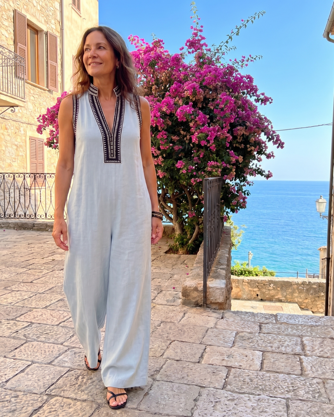 Velmira Embroidered V Neck Sleeveless Wide Leg Jumpsuit - Elena Harper