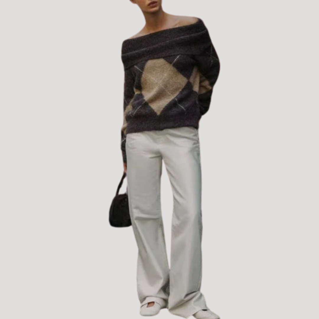 Women's Argyle Off-Shoulder Sweater