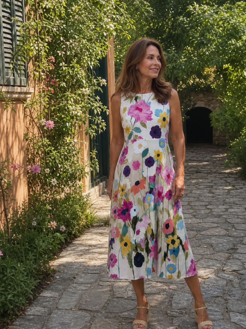 Women's Vibrant Floral Print Sleeveless Midi Dress