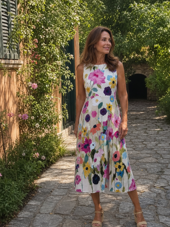 Women's Vibrant Floral Print Sleeveless Midi Dress