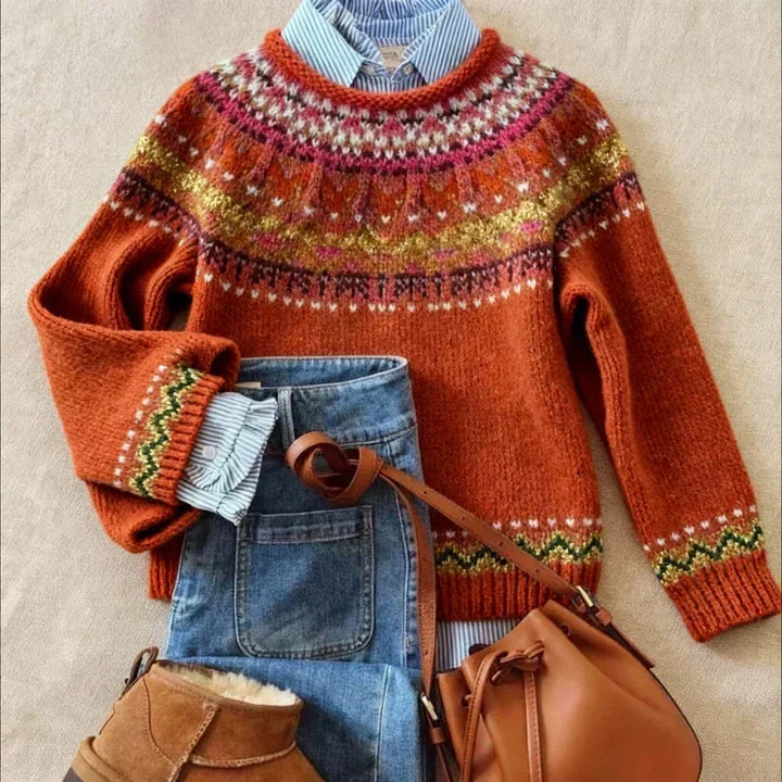 Adele Women's Patterned Knit Sweater in Deep Festive Red - Elena Harper