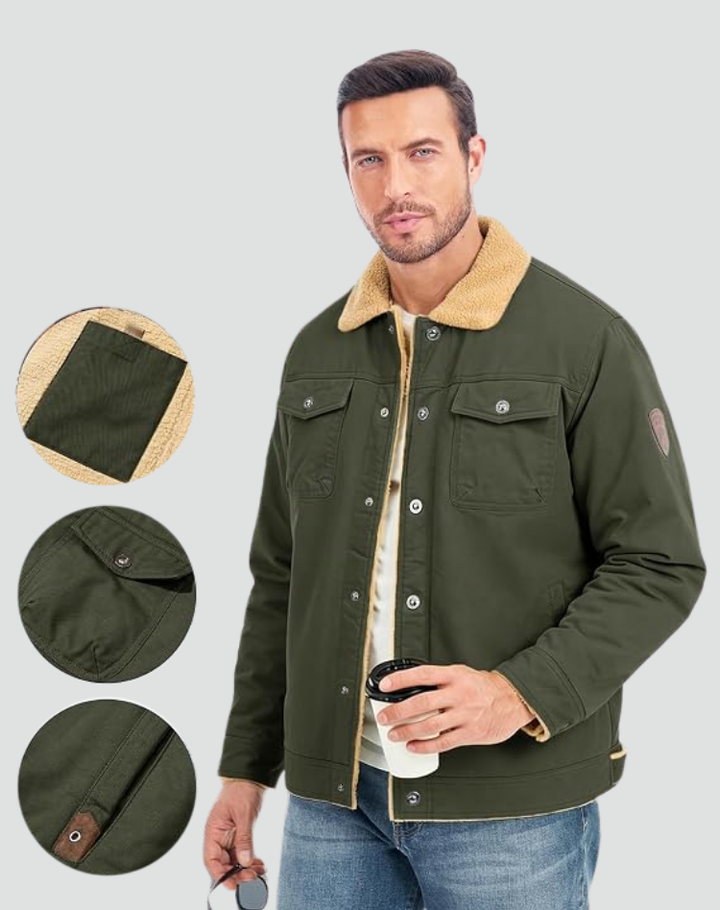 Sherpa Fleece Jacket Men Lined Snap Buttons Chest Pockets