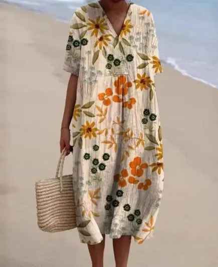 Margaret Vibrant Floral Garden Print Flowy Dress, view 4 - Elena Harper