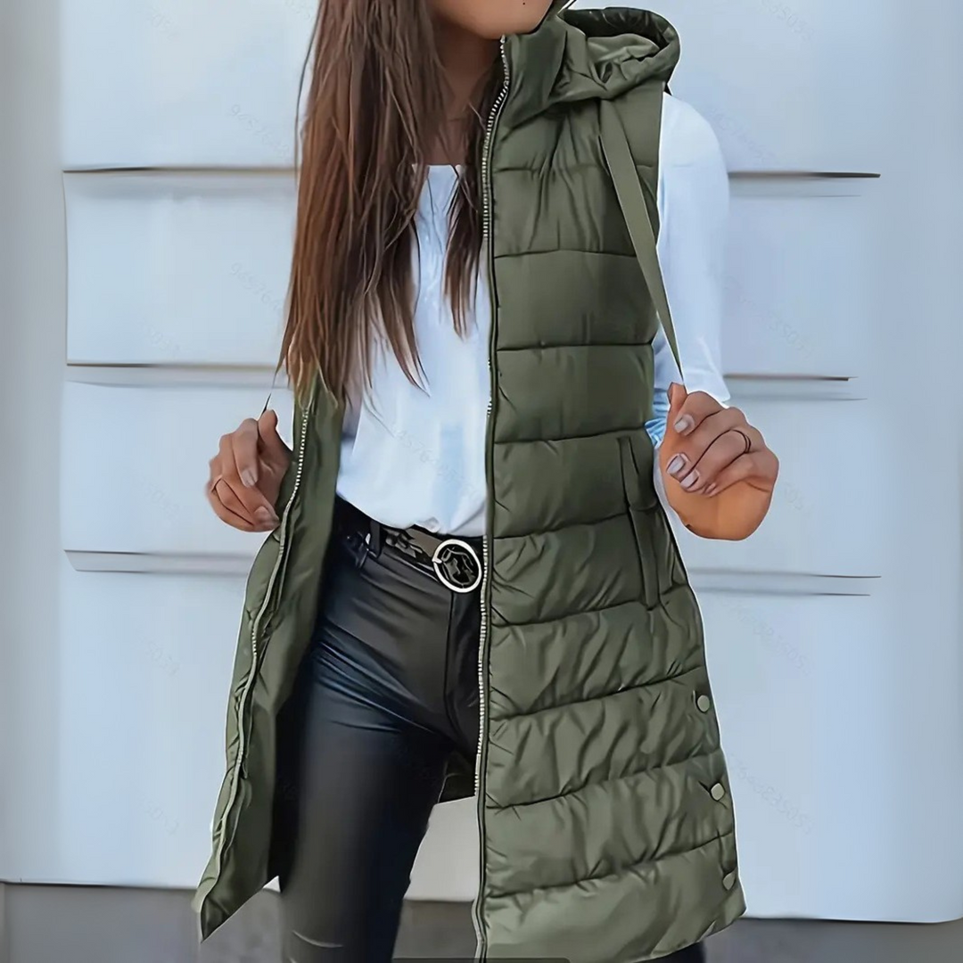 Eirwen Hooded Long Puffer Vest with Lightweight Build for Women - Elena Harper