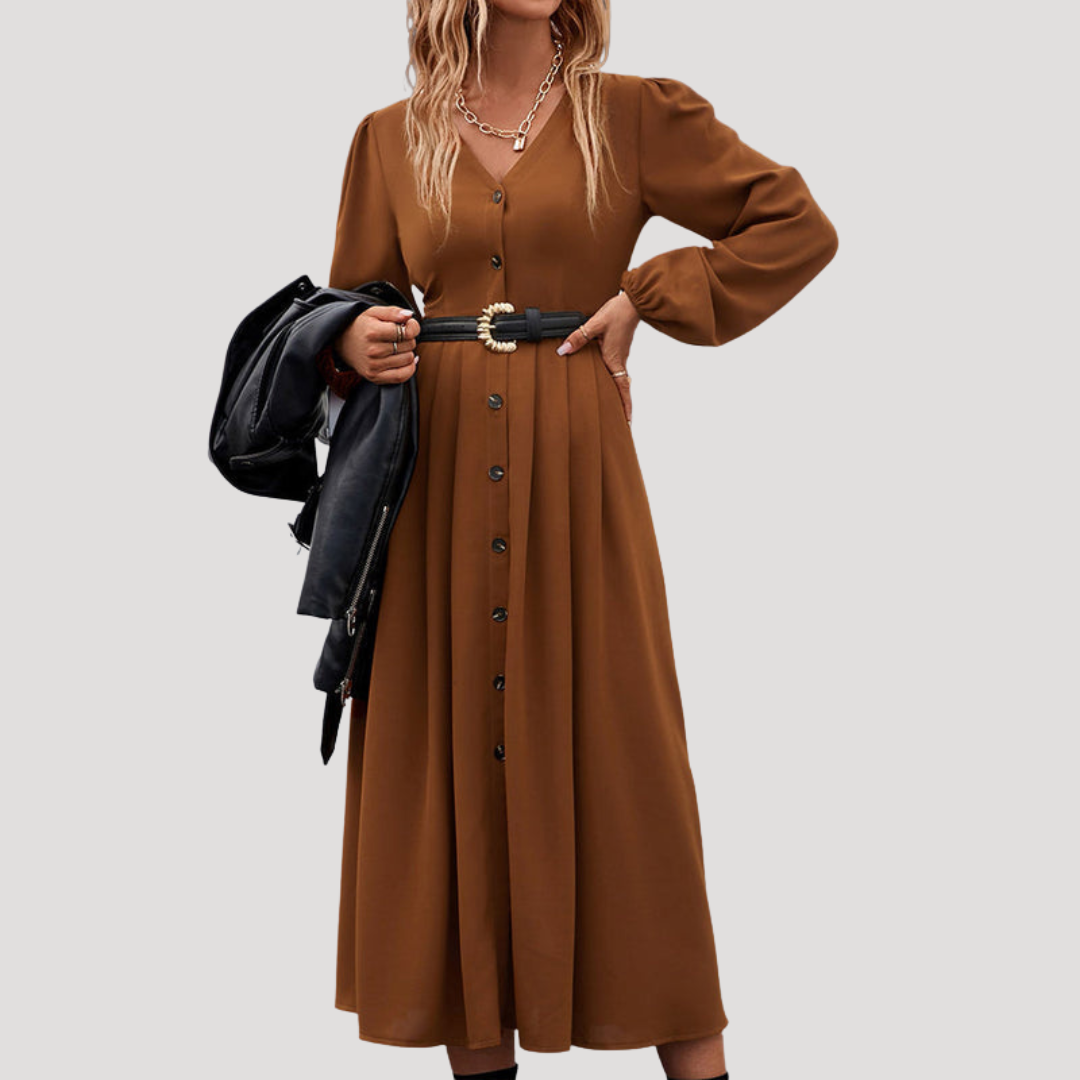 Buttoned Midi Dress for Women with Long Sleeves