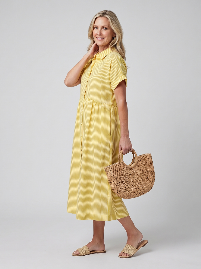 Women's Striped Short Sleeve Button-Front Midi Dress