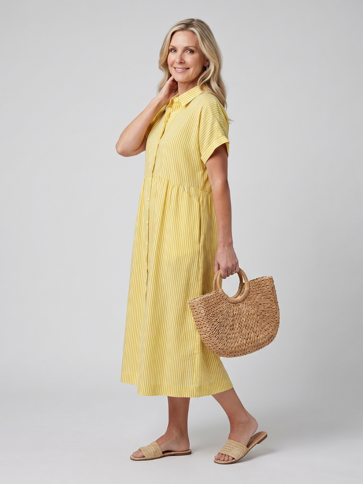 Women's Striped Short Sleeve Button-Front Midi Dress