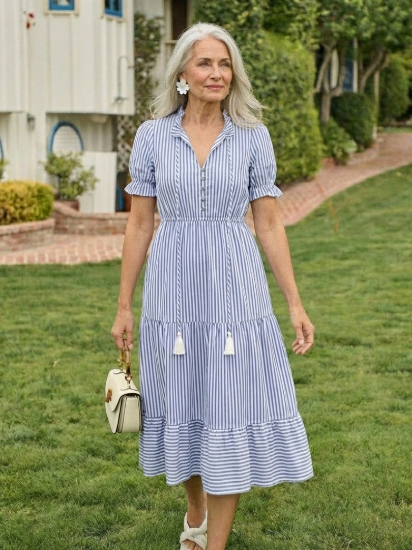 Dakota Short Sleeve Striped Tiered Midi Dress - Elena Harper