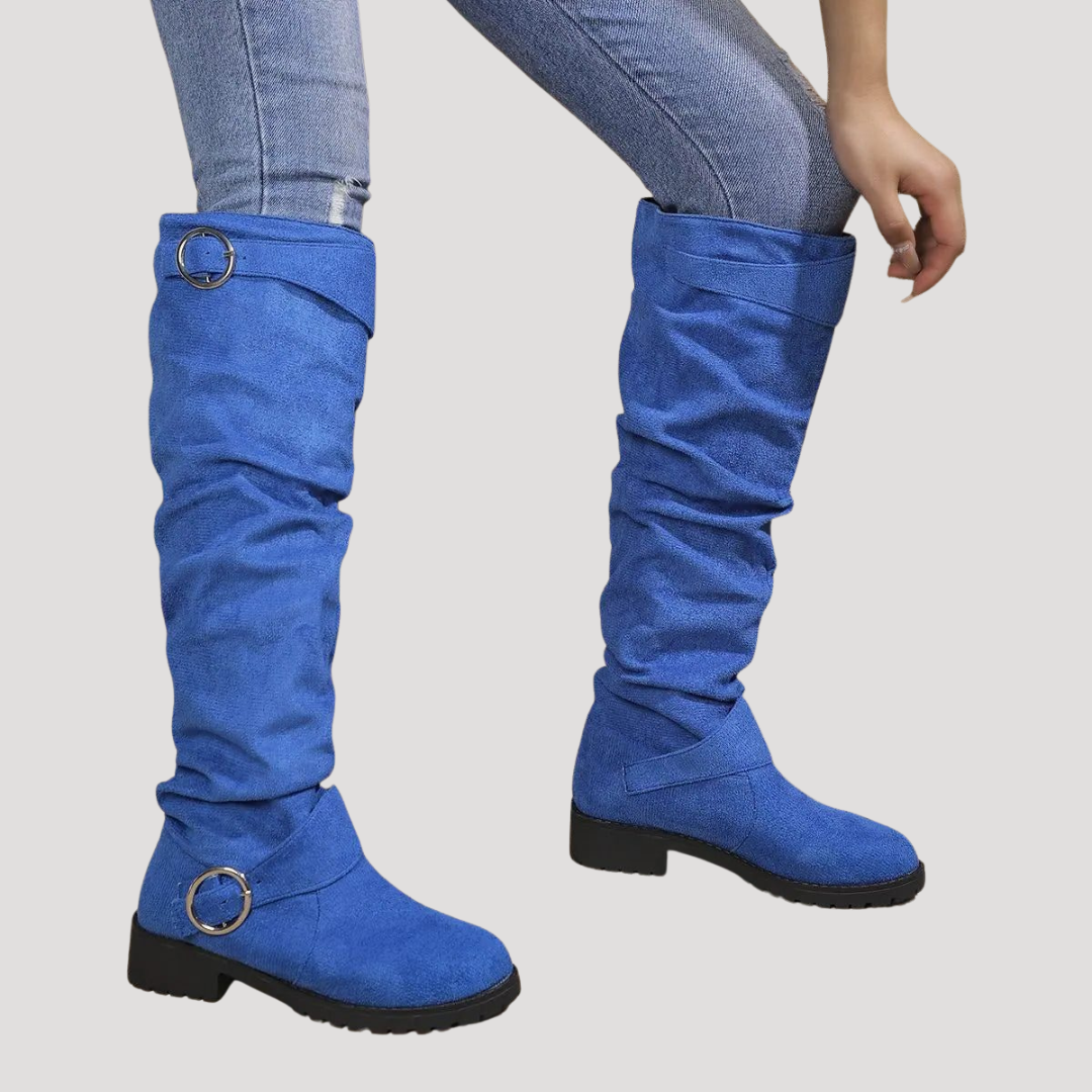 Women's Suede Knee-High Boots with Buckle Detail