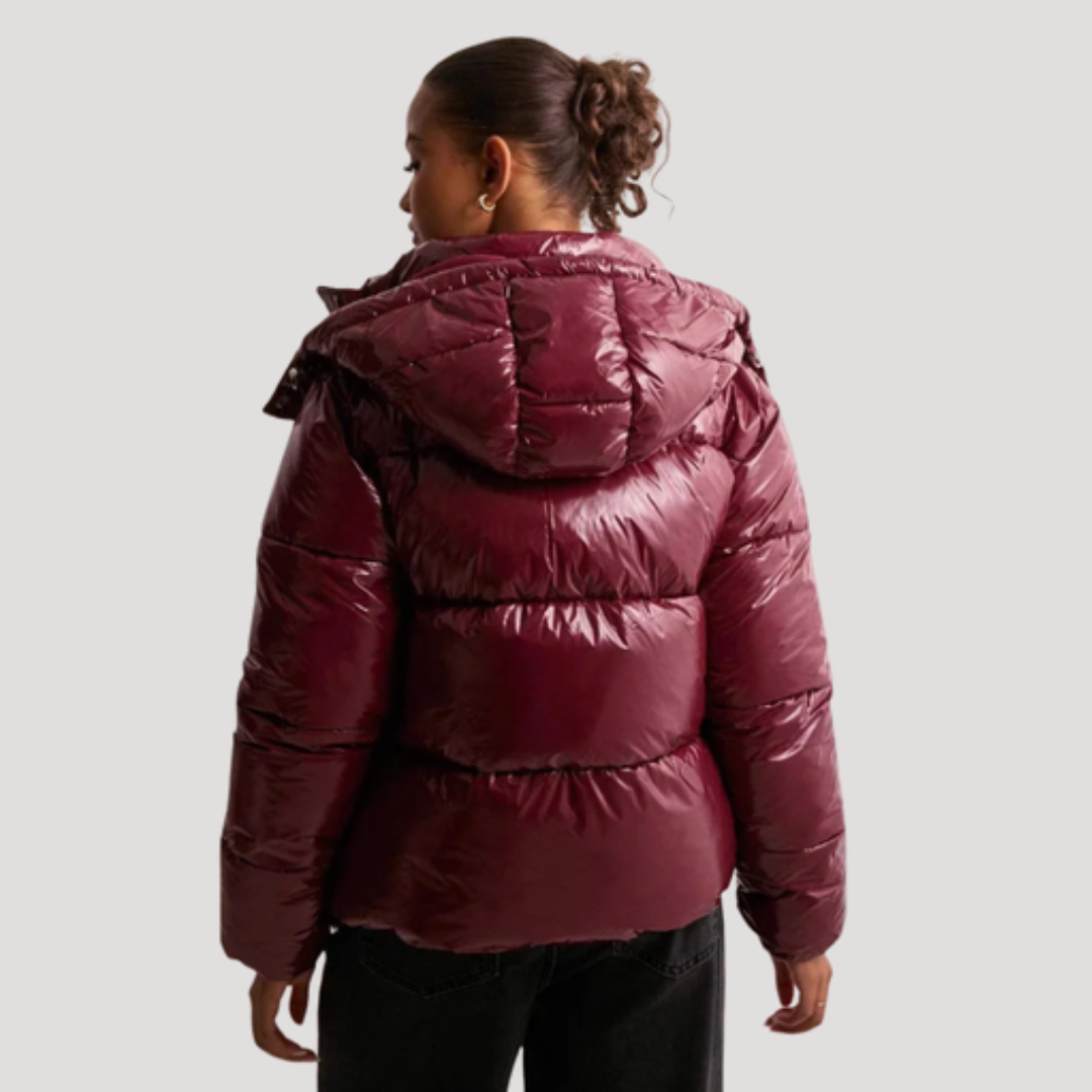 Women's Hooded Puffer Jacket with Shiny Finish