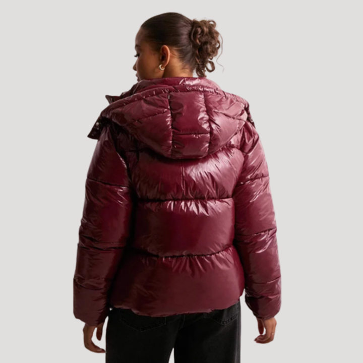 Women's Hooded Puffer Jacket with Shiny Finish