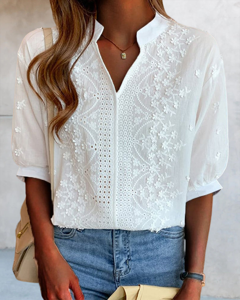 Blouse with V-Neck and Puff Sleeves and Lace Trim - Elena Harper