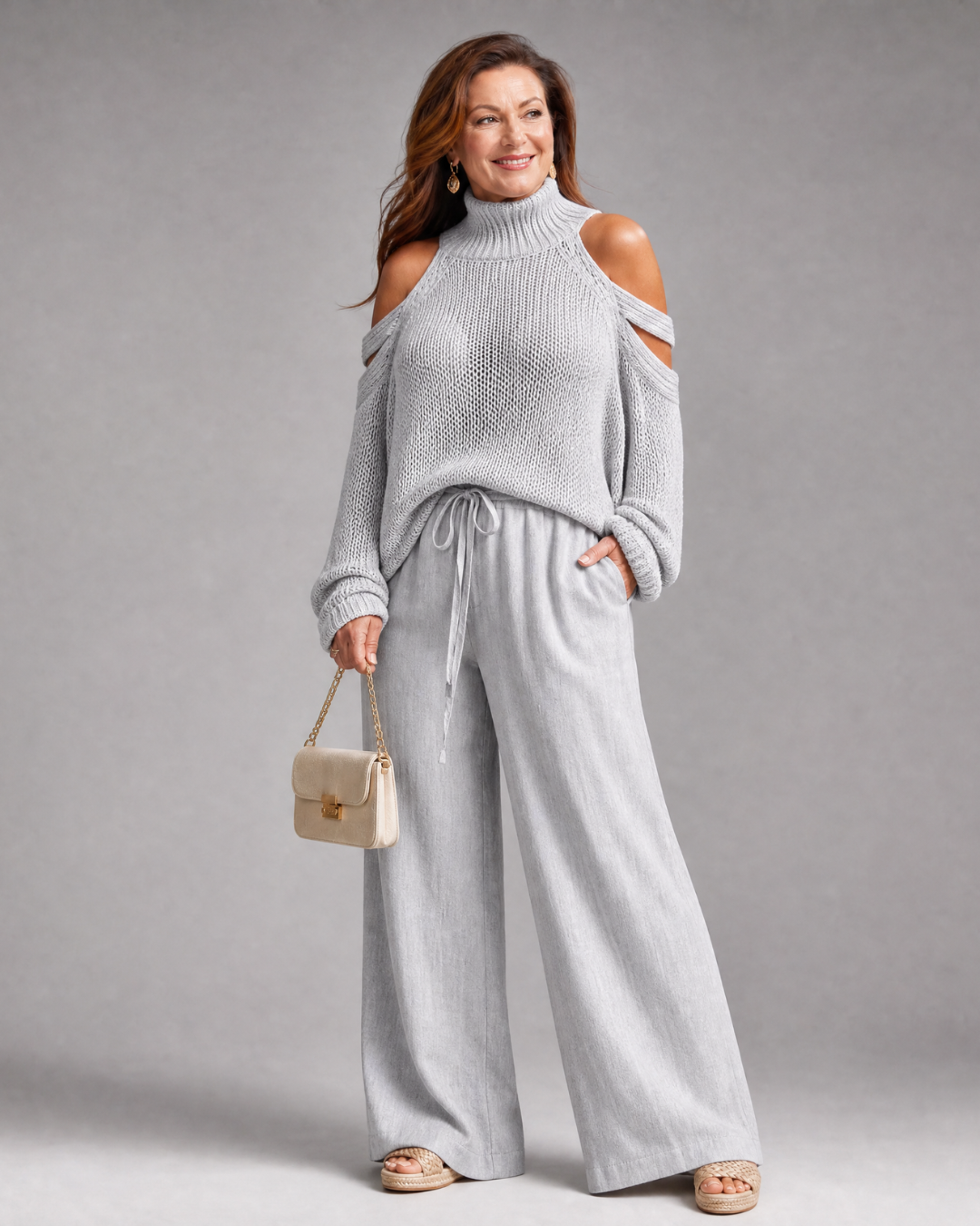 Elamen Cold Shoulder Knit Sweater Wide Leg Pants Set - Elena Harper
