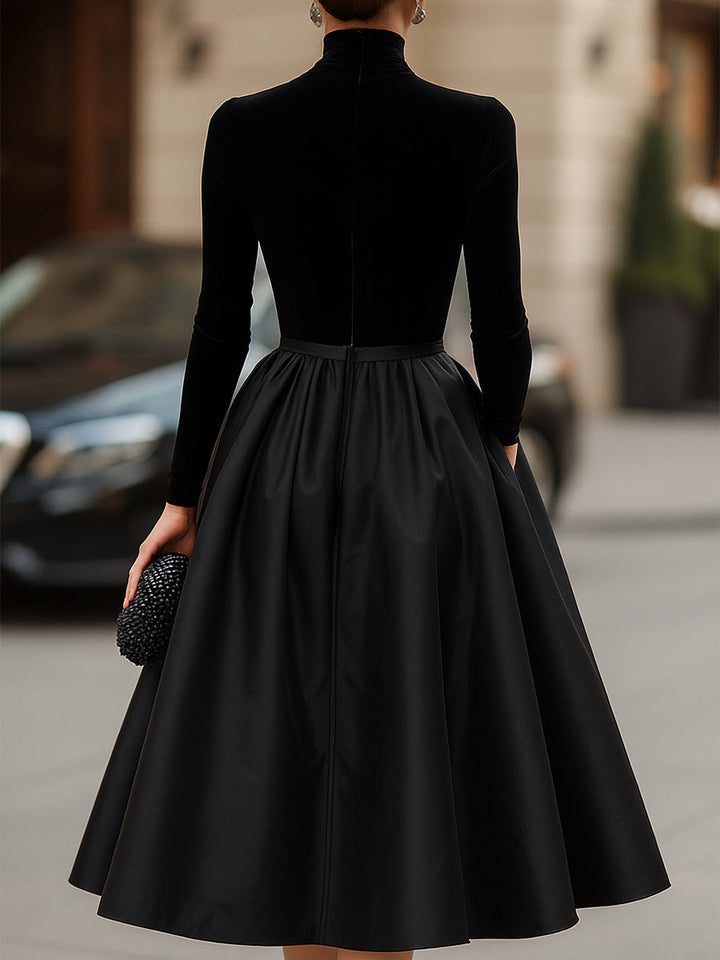Ava Elegant Black Velvet And Satin Midi Dress - Elena Harper