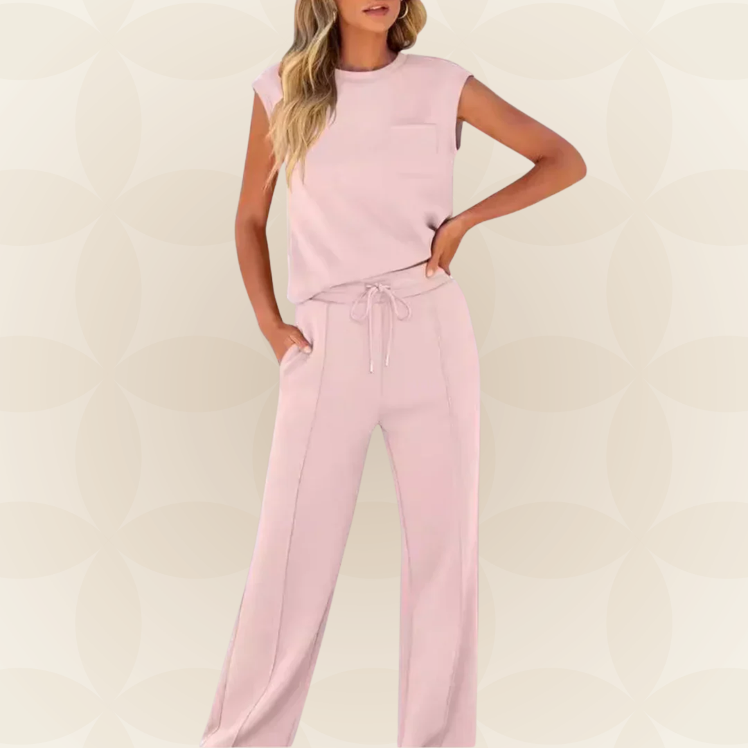 Elegant women's outfit with sleeveless top and flowy wide pants, view 5 - Elena Harper