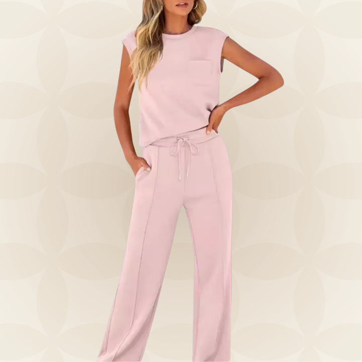 Elegant women's outfit with sleeveless top and flowy wide pants, view 5 - Elena Harper