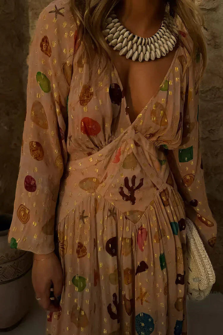Alessandra - Dress with Marine Print and Golden Details