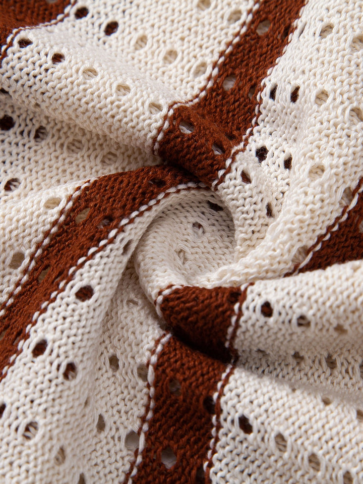 STRIPED SHIRT WITH KNITTED EYELETS & STRAIGHT LEG LINEN PANTS