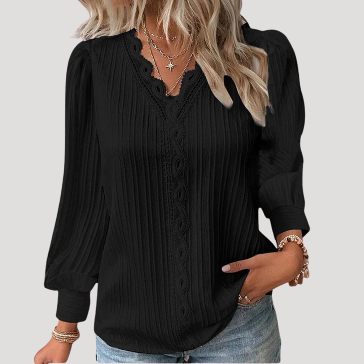 Elegant Women's Pleated Lace V-Neck Blouse