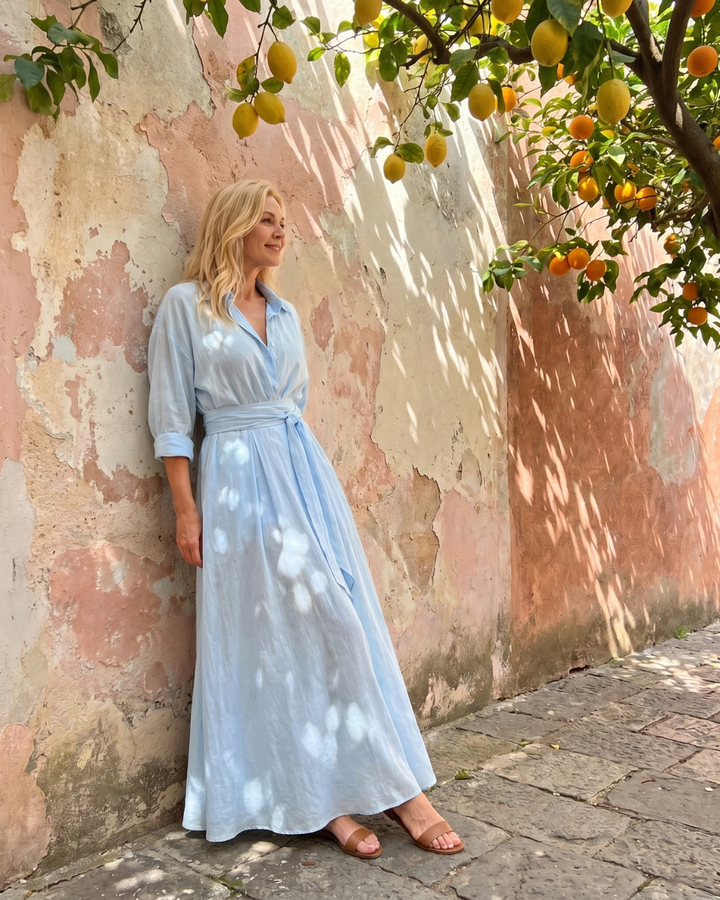 Zelith Belted Collared Flowing Long Sleeve Midi Dress - Elena Harper