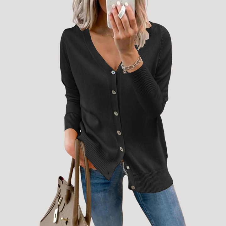 Women's V-Neck Knit Cardigan with Ribbed Cuffs
