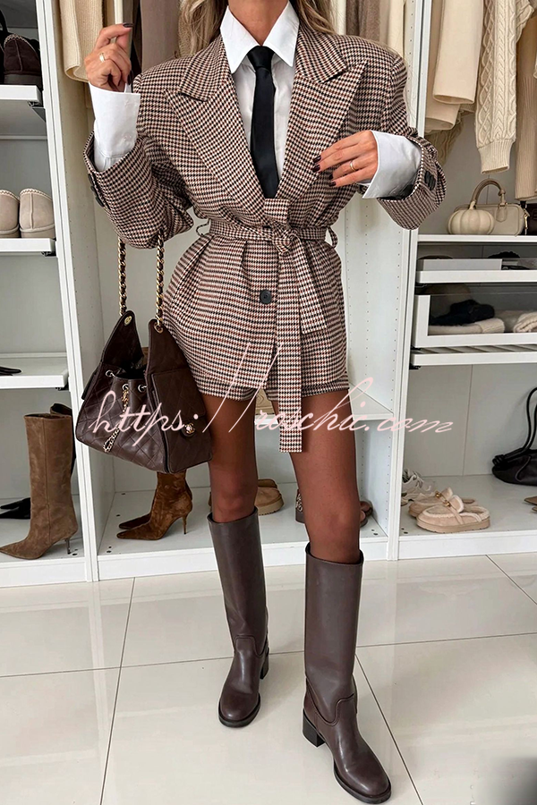 Avant-garde Classic Houndstooth Padded-shoulder Button Belted Oversized Blazer Jacket