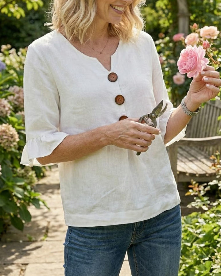 Janet V-Neck Blouse with Wooden Buttons and Ruffled Sleeves - Elena Harper
