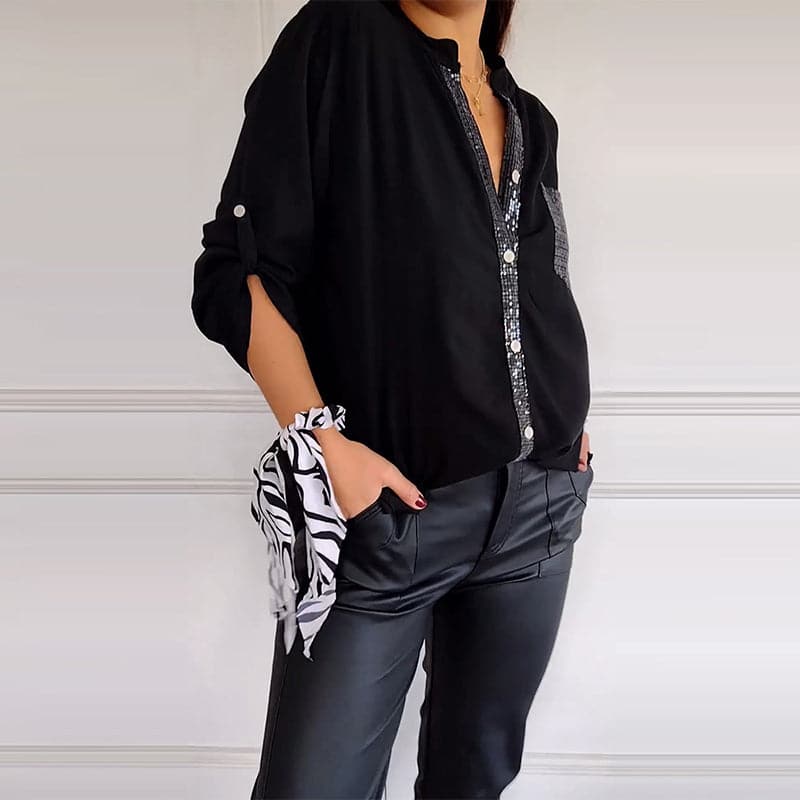 Women's Sequin Trim Button-Up Shirt - Elegant & Versatile