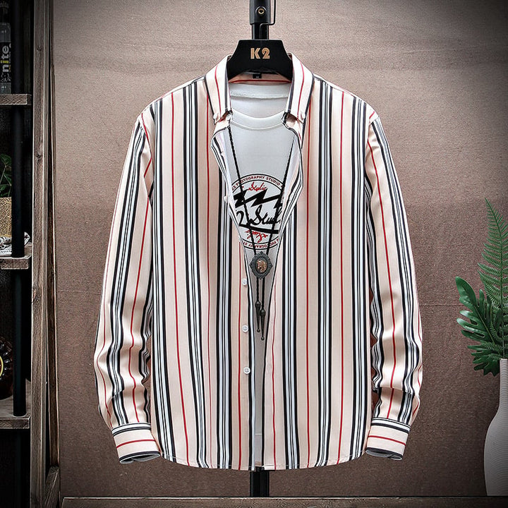 Men's Long Sleeve Shirt with Notched Collar and Striped Pattern