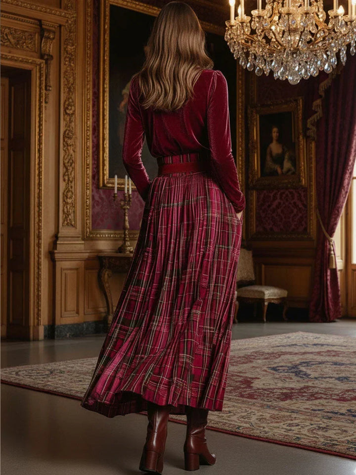 Nivaeh - Festive Retro Turtleneck Plaid Skirt Set
