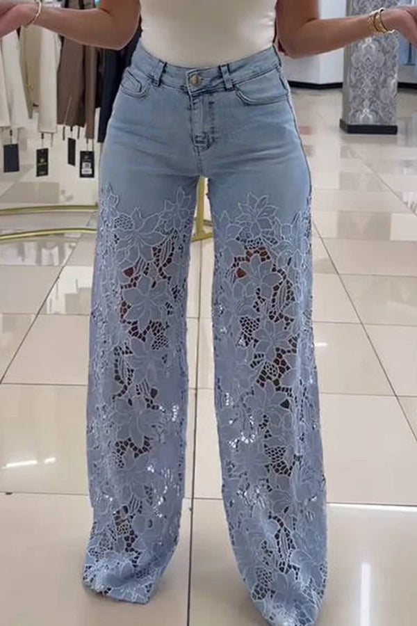 Fashion Hollow Lace Stitching Casual Pocket Denim Wide-leg Pants, view 2 - Elena Harper