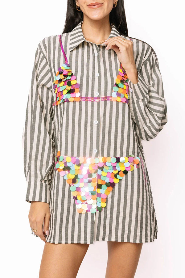 Vacation Vibe Gold Sequin Long-sleeved Bikini Pattern Blue & White Stripe Button Up Pocket Tunic (Shipped Within 24 Hours)
