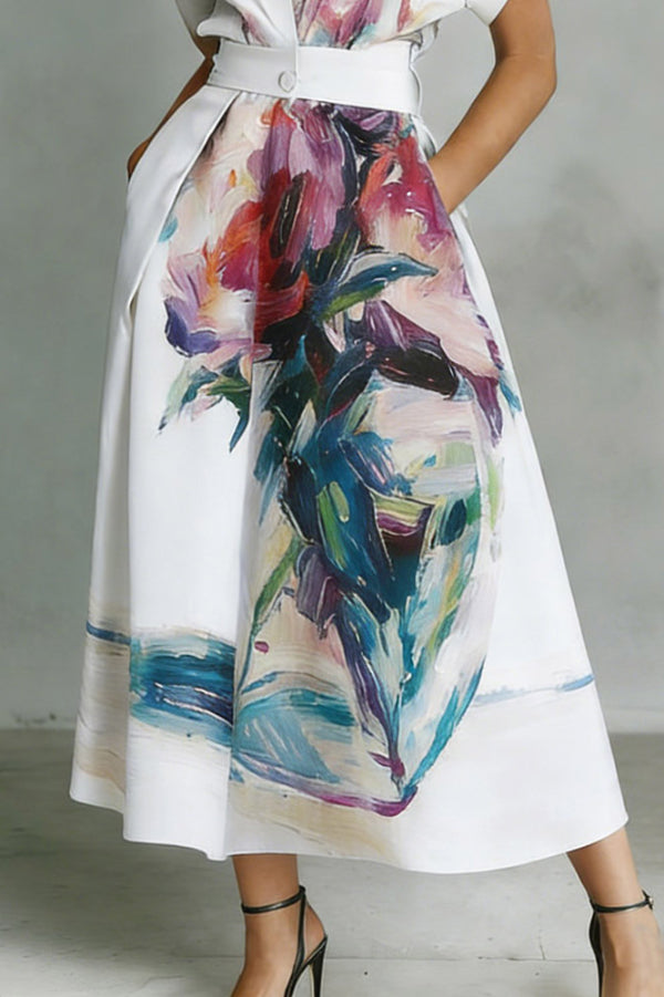 Fashionable Art Print Collared Short Sleeve Casual Pocket Midi Dress, view 4 - Elena Harper