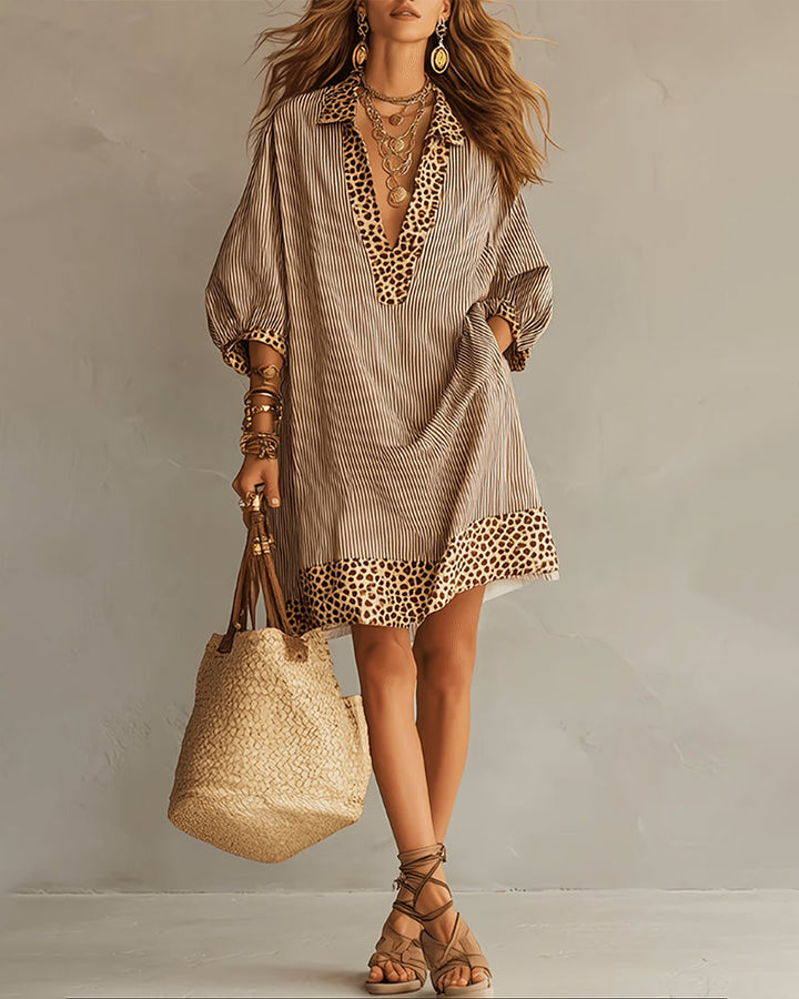Panel dress with leopard print and puff sleeves, striped shirt