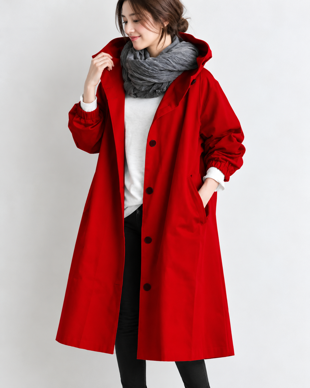 Vina Warm Long Trench Coat with Hood, view 10 - Elena Harper