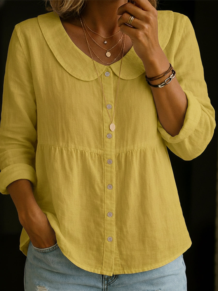 Linen Blouse with Button Closure and Notched Collar for Women