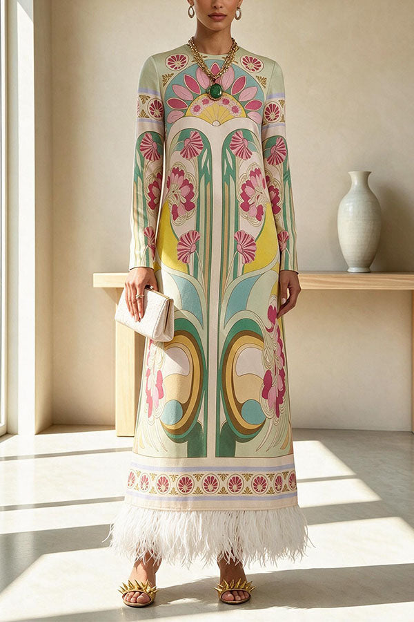 Cecilia Satin Colorful Baroque Style Printed Long Sleeve Feather Trim Maxi Dress (Shipped Within 24 Hours)