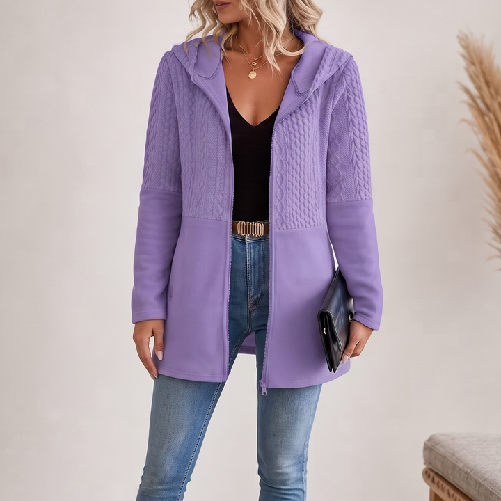 Elena | Long Knit Hoodie with Cable Pattern and Zipper