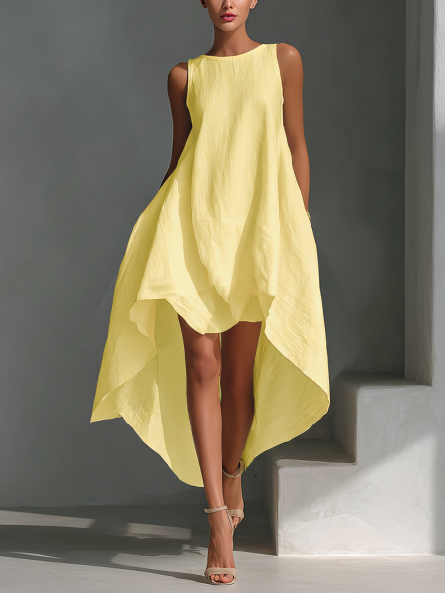 Sleeveless Midi Linen Dress for Women - Flowing and Asymmetrical