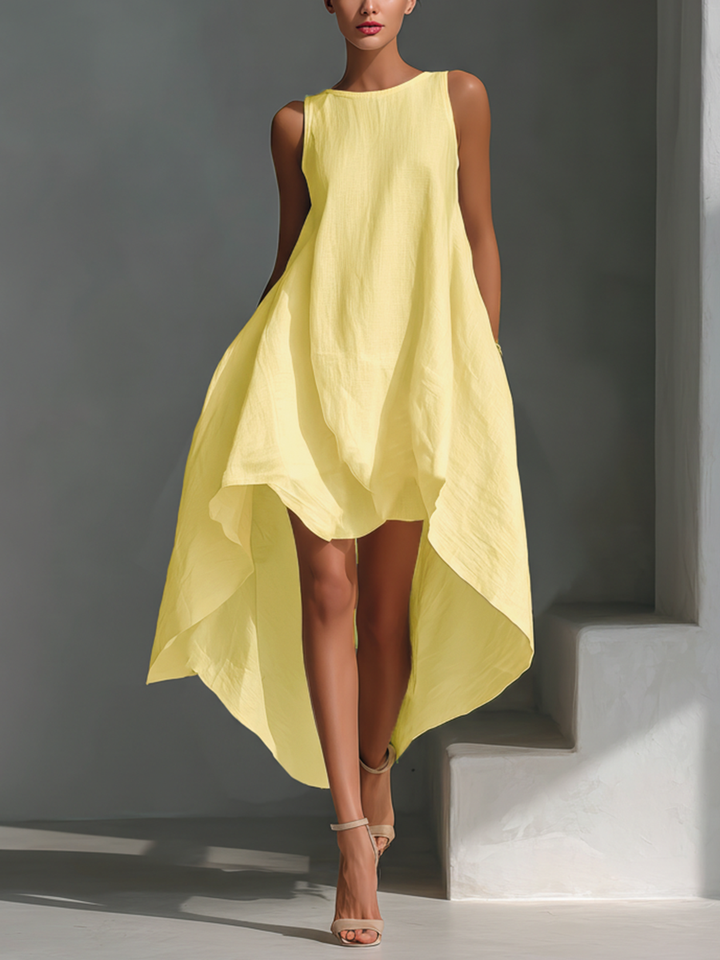 Sleeveless Midi Linen Dress for Women - Flowing and Asymmetrical