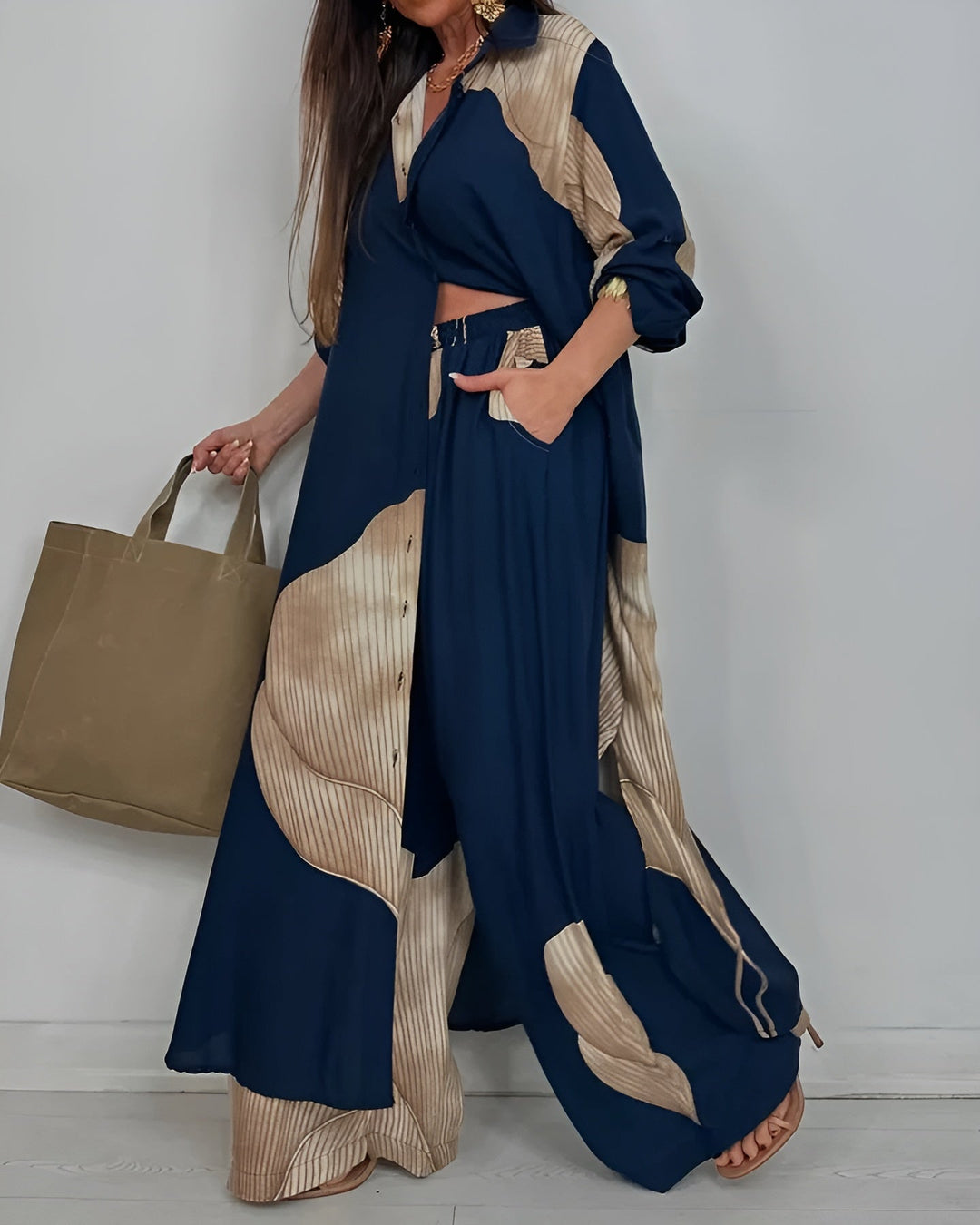 ISABEAU – TRENDY PATCHWORK PRINTED TOP & WIDE LEG PANTS SET
