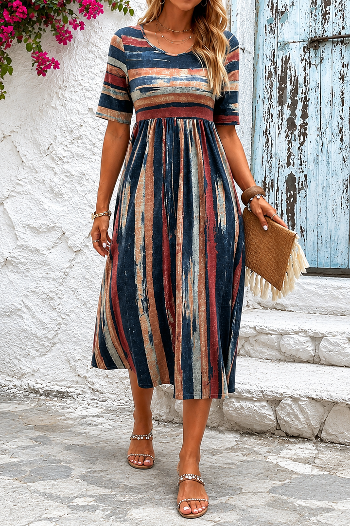 Striped midi dress for women with tummy-flattering design - Fluid and flattering