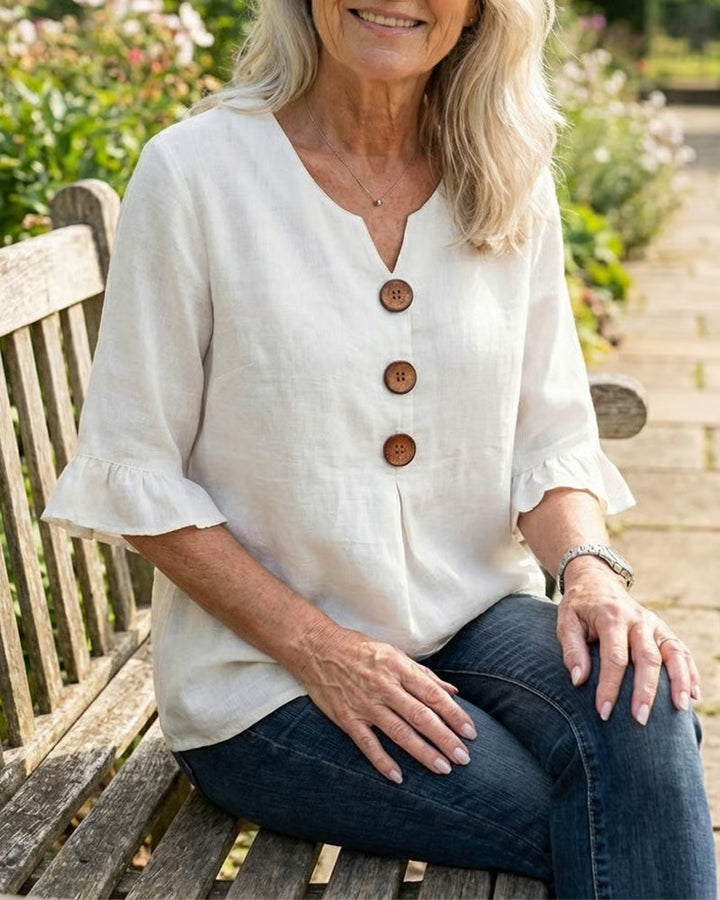 Janet V-Neck Blouse with Wooden Buttons and Ruffled Sleeves - Elena Harper