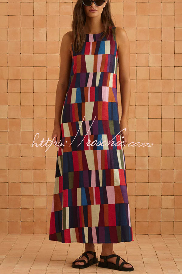Retro Chic Linen Blend Colorful Color Block High Round Neck Sleeveless Maxi Dress, view 2 - Elena Harper