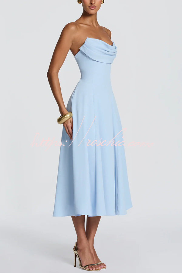 Marlowe Pleated Cowl Neck Strapless Back Lace-up Midi Dress